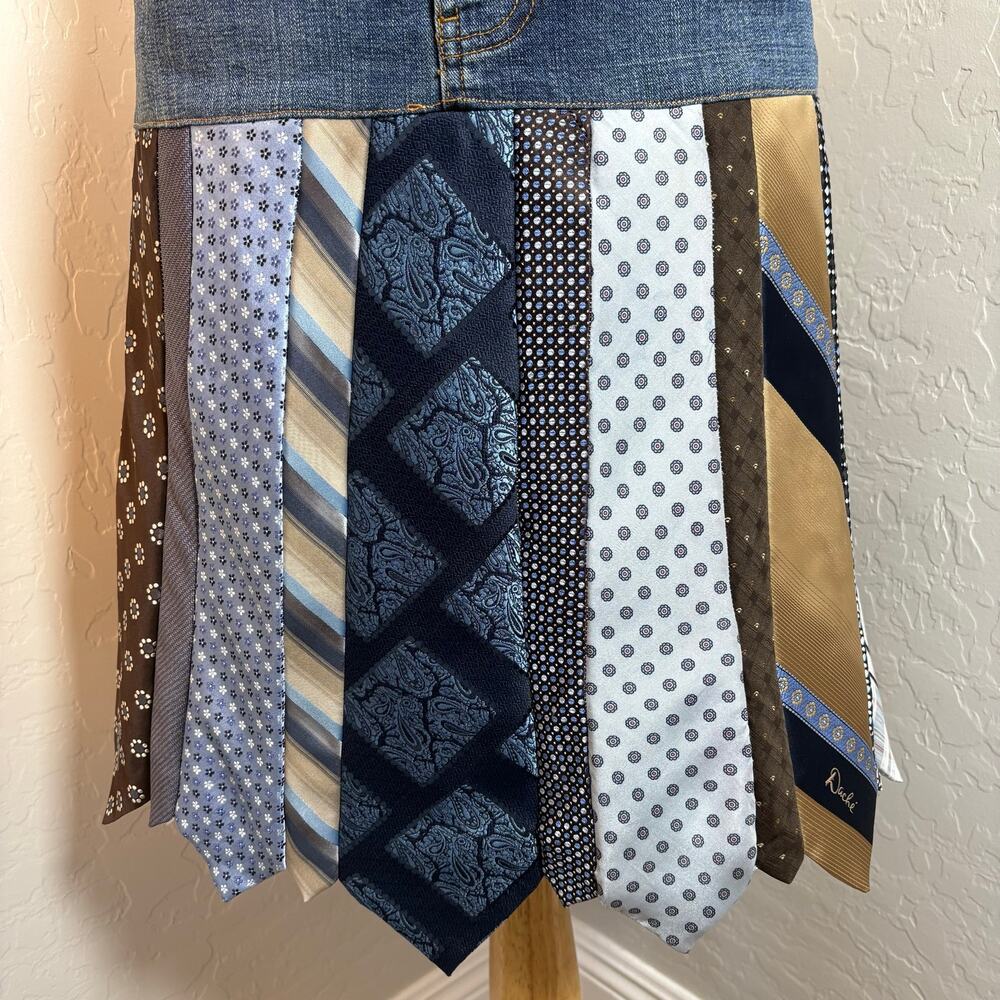 Vintage Handmade Upcycled Neck Tie Denim Jeans Skirt Boho Maximalist 12 - Picture 6 of 16